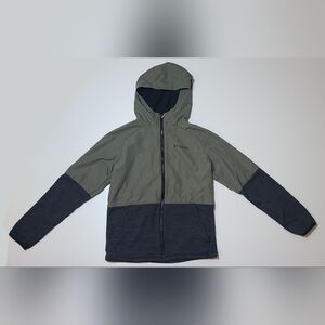 Columbia Boys Large 14-16 Rain Jacket Fleece Lined Gray Olive Green Hoodie Zip
